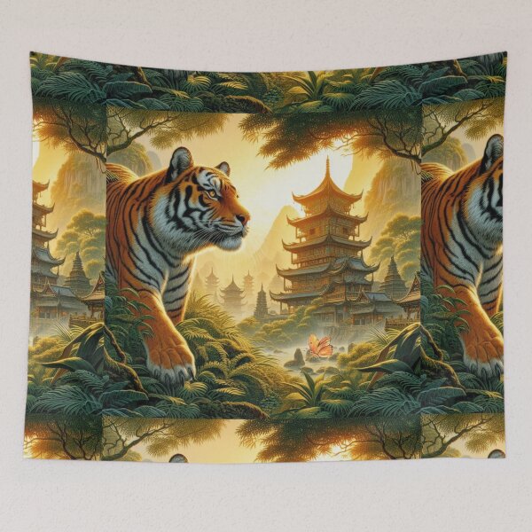 Item preview, Tiger and butterfly, plants, flowers, nature, pagoda, China designed and sold by Sugar Wisdom .