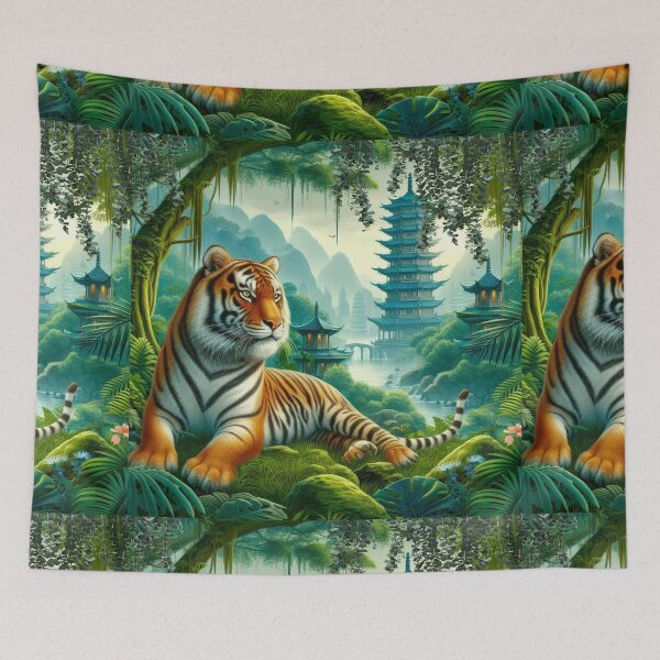 Item preview, Tiger and butterfly, plants, flowers, nature, pagoda, China designed and sold by Sugar Wisdom .