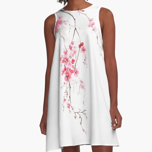Item preview, Zen sumi-e painting of a cherry blossom branch with light pink flowers on white art print designed and sold by AwenArtPrints.