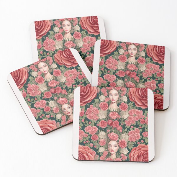 Item preview, feminine woman face in set of beautiful red pink and yellow roses designed and sold by Carlos Gudino.