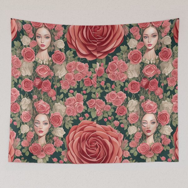 Item preview, feminine woman face in set of beautiful red pink and yellow roses designed and sold by Carlos Gudino.