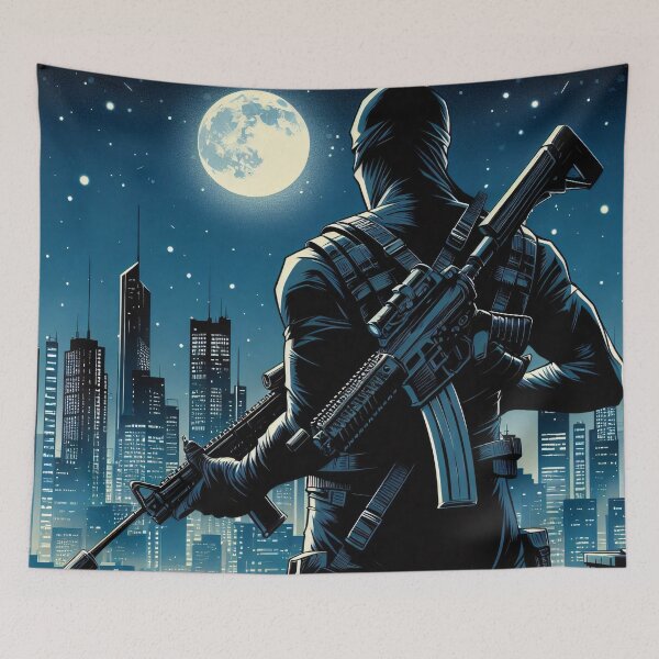 Item preview, Modern comic art, ninja on the roof with gun designed and sold by Salimgor Hangaround Music.