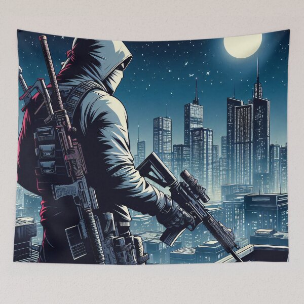 Item preview, Modern comic art, modern ninja with submachine gun designed and sold by Salimgor Hangaround Music.