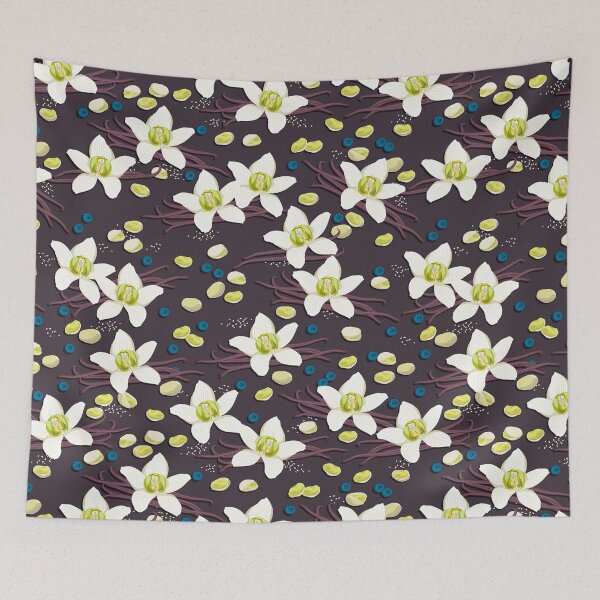 Item preview, Delicate flowers and fragrant vanilla pods, Black background designed and sold by Alex  Blud.