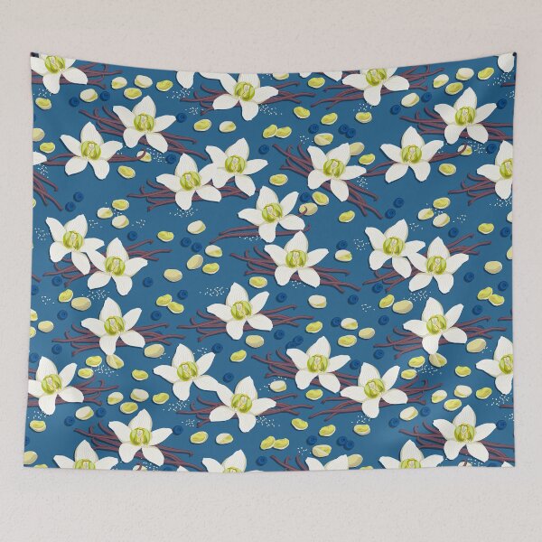 Item preview, Delicate flowers and fragrant vanilla pods, Blue background designed and sold by Alex  Blud.