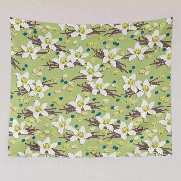 Item preview, Delicate flowers and fragrant vanilla pods, Green background designed and sold by Alex  Blud.