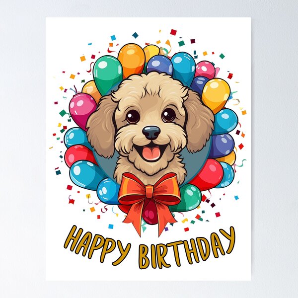 Aperçu de l'œuvre Anniversaire Caniche Chien - Or - Crème - Joyeux Anniversaire ! créée et vendue par wotsthis.