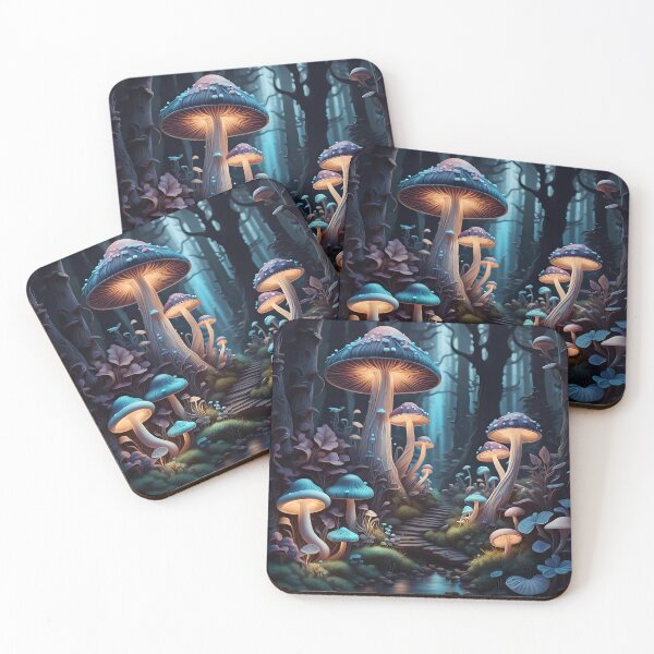 Item preview, Glowing mushrooms in enchanting forest in the night designed and sold by HappyVibesAlert.