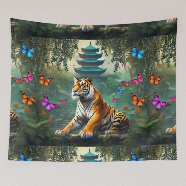 Item preview, Tiger and butterfly, plants, flowers, nature, pagoda, China designed and sold by Sugar Wisdom .