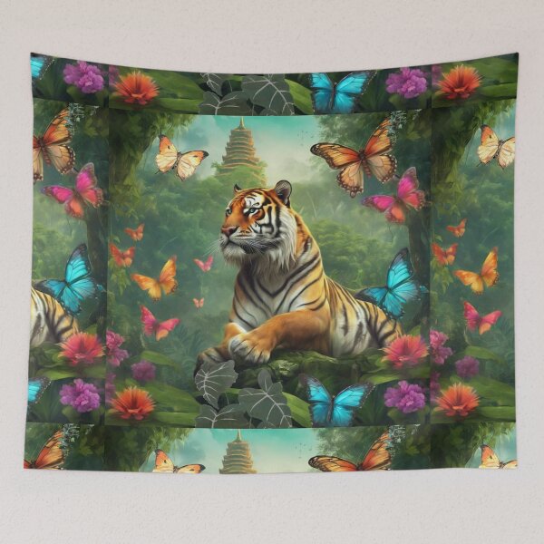 Item preview, Tiger and butterfly, plants, flowers, nature, pagoda, China designed and sold by Sugar Wisdom .