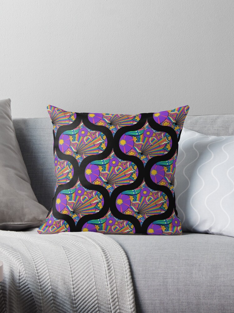 Pillow, French Country Florals Tangle Psychedelic Rainbow Retro Ogee designed and sold by Triplicate Limited
