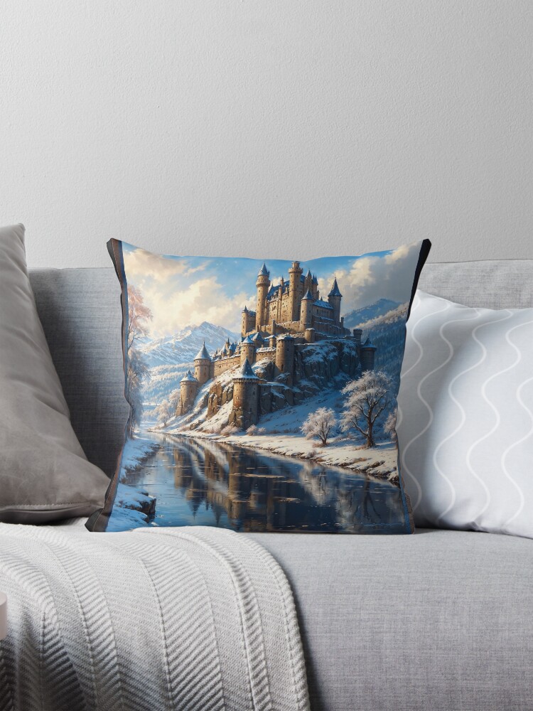 A Snowy Winter Mountain Landscape With A Medieval Castle By A River Mystical AI Concept Art by Xzendor7 Decorative Art Print Throw Pillow