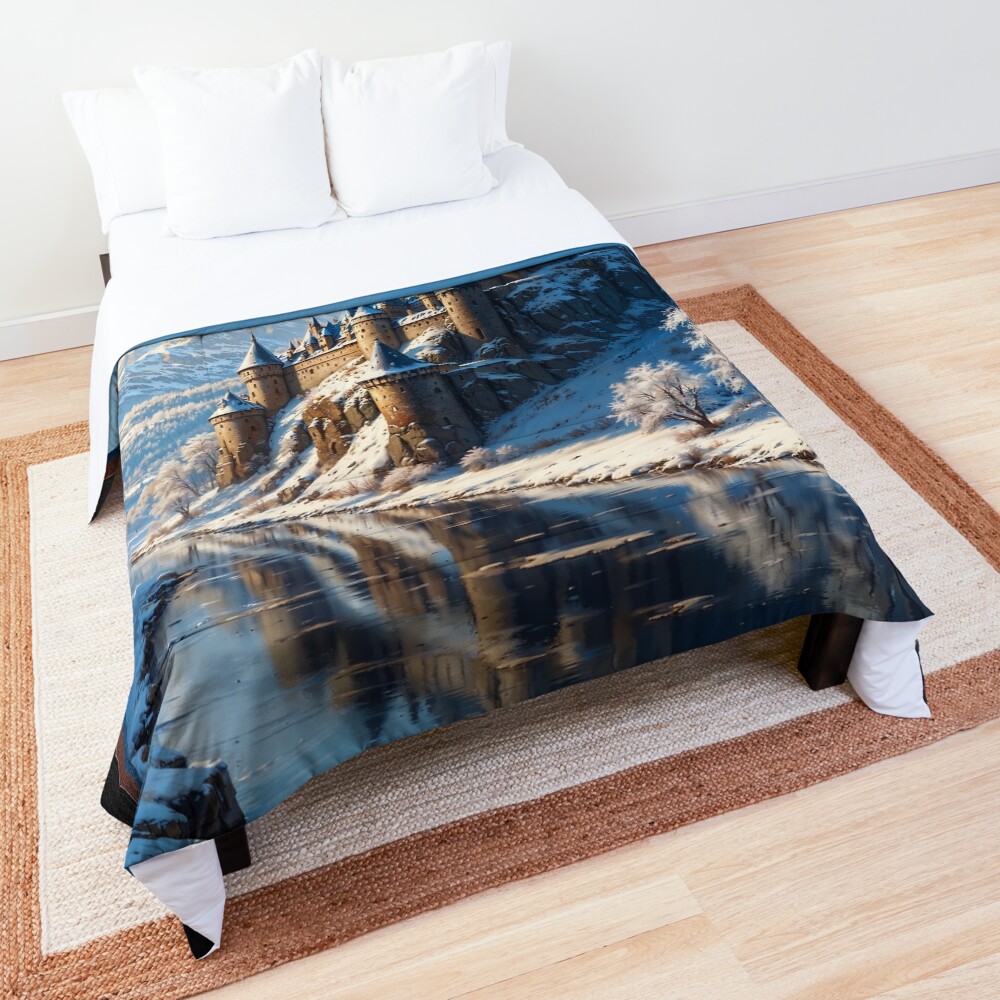A Snowy Winter Mountain Landscape With A Medieval Castle By A River Mystical AI Concept Art by Xzendor7 Decorative Art Print Comforter