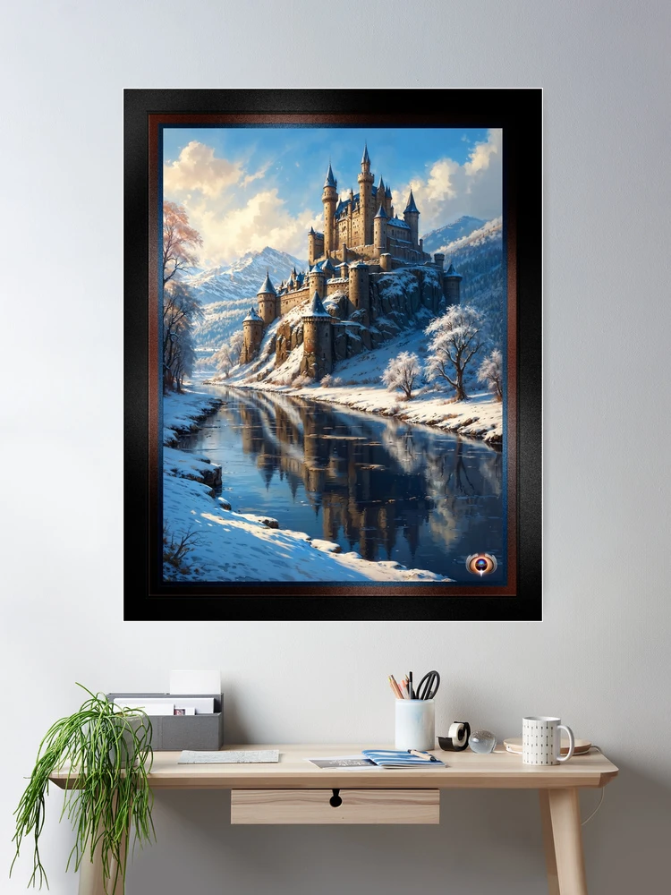 A Snowy Winter Mountain Landscape With A Medieval Castle By A River Mystical AI Concept Art by Xzendor7 Room Decor Poster Art Print 