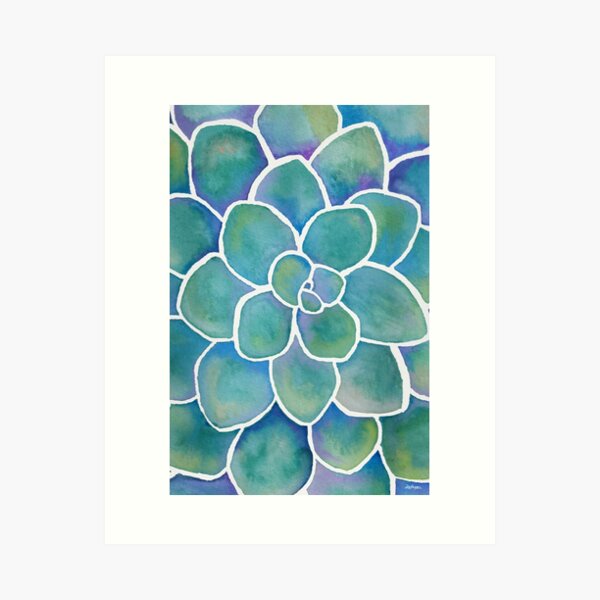 Blue and Green Succulent Watercolor Illustration Art Print