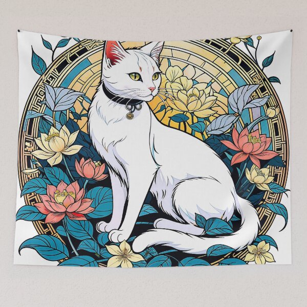 Item preview, A beautiful white cat decorated with a circle of flowers designed and sold by PixelCraftDSG.