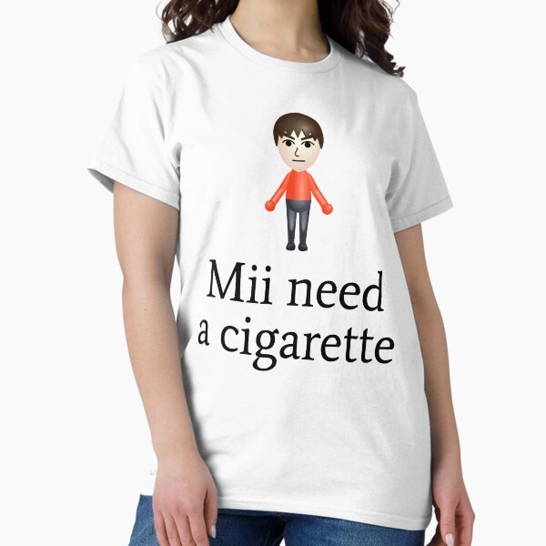 Vista previa del artículo con la obra «Mii necesita un cigarrillo», diseñado y vendido por fusedtees.