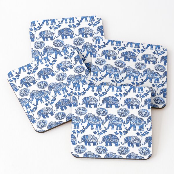 Item preview, Indian elephants blue and white block print designed and sold by SmarterThingz.