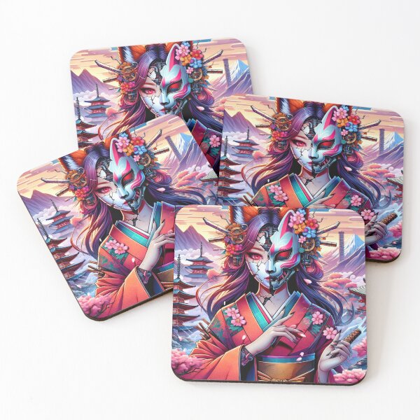 Item preview, Colorful Kitsune Masked Geisha Girl Japanese Pagoda Cherry Blossom Design designed and sold by DesignsByLitz.