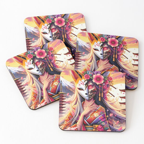 Artikelvorschau, Colorful Kitsune Masked Geisha Girl Japanese Pagoda Cherry Blossom Design entworfen und verkauft von DesignsByLitz.