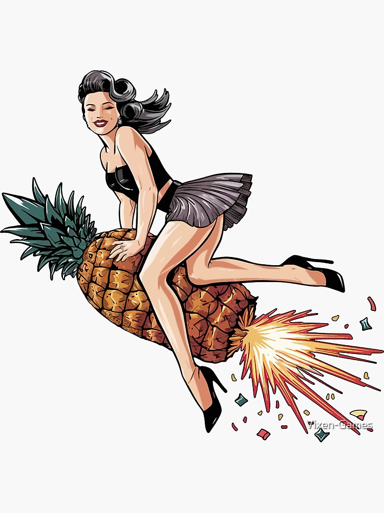 Thumbnail 3 of 3, Sticker, Pinup Swinger Pineapple Rocket Girl designed and sold by Vixen-Games.
