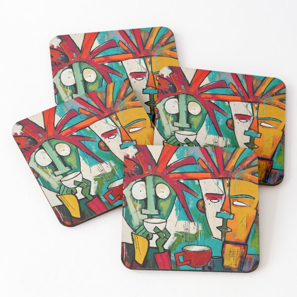 Item preview, Dynamic Coffee Encounter - Vibrant Abstract Figures Sharing a Moment in Bold Hues designed and sold by OlfactoART Studio.