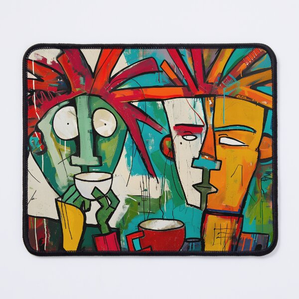 Item preview, Dynamic Coffee Encounter - Vibrant Abstract Figures Sharing a Moment in Bold Hues designed and sold by OlfactoART Studio.