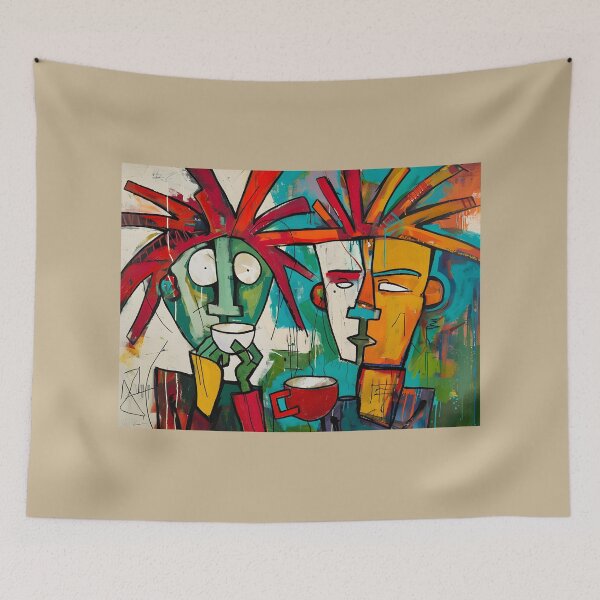 Item preview, Dynamic Coffee Encounter - Vibrant Abstract Figures Sharing a Moment in Bold Hues designed and sold by OlfactoART Studio.