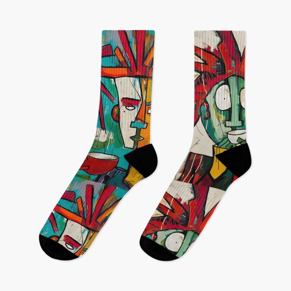 Item preview, Dynamic Coffee Encounter - Vibrant Abstract Figures Sharing a Moment in Bold Hues designed and sold by OlfactoART Studio.