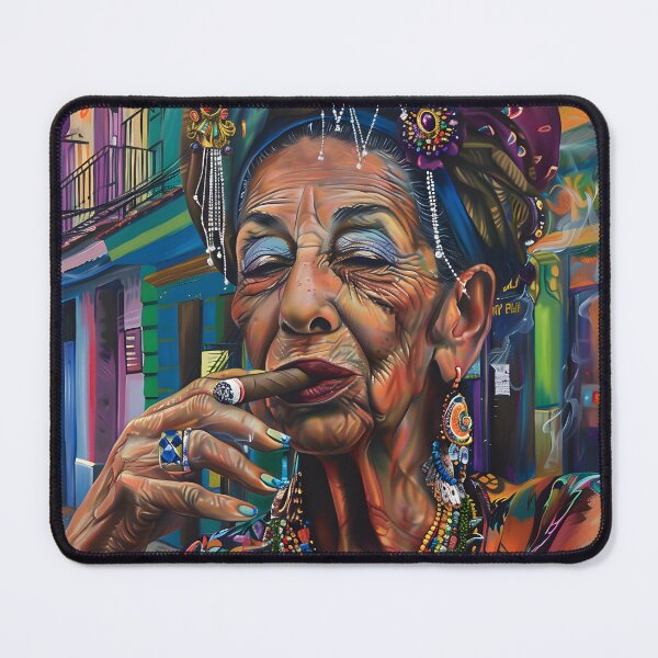 Item preview, Havana Vibes- Elderly Woman Embracing Cuban Culture with a Cigar in Colorful Street Scene designed and sold by OlfactoART Studio.