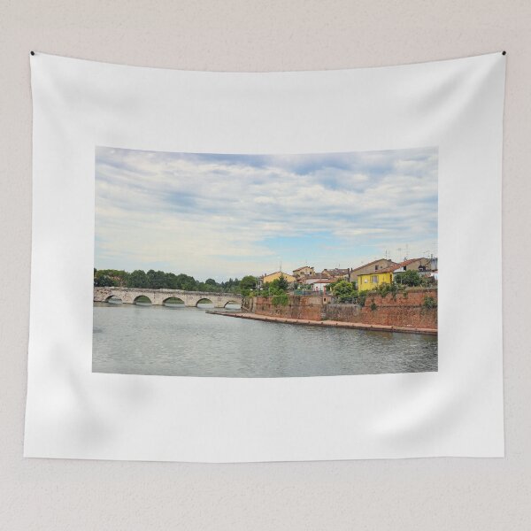 Item preview, Old stone Tiberius bridge and buildings cityscape in Rimini Italy  designed and sold by goceris.