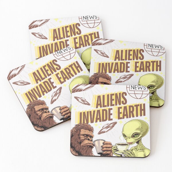 Item preview, Funny Aliens, Aliens Invade Earth Graphic, UFO News Print, Bigfoot and Alien Coffee Design, Unique Alien Art  designed and sold by MTJ-Mushrooms.