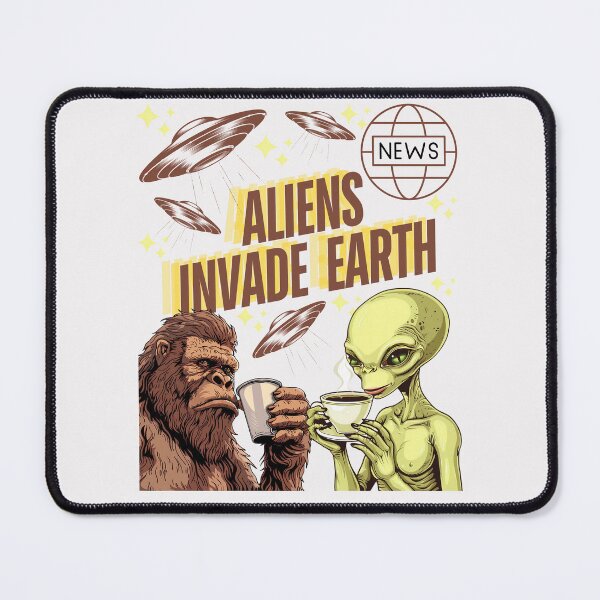 Item preview, Funny Aliens, Aliens Invade Earth Graphic, UFO News Print, Bigfoot and Alien Coffee Design, Unique Alien Art designed and sold by MTJ-Mushrooms.