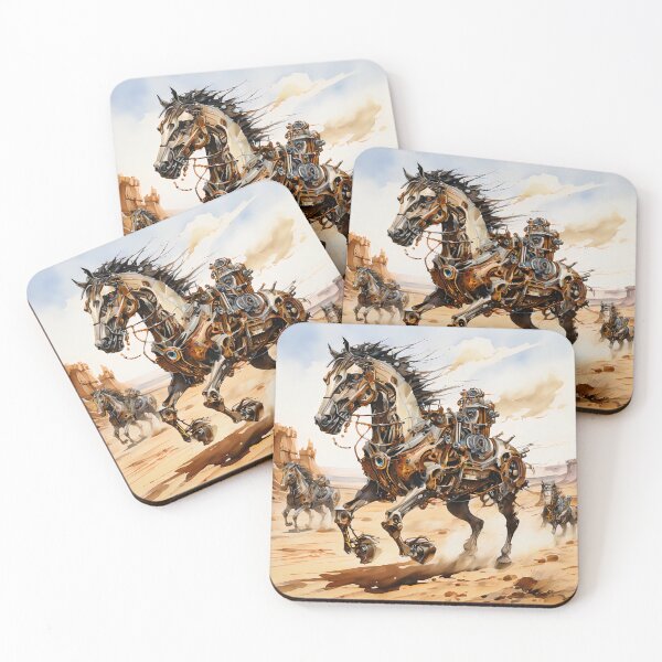 Item preview, Fantasy Sci-Fi Western in the style of Salvador Dalí, featuring steampunk robotic horses. designed and sold by deepglitchart.