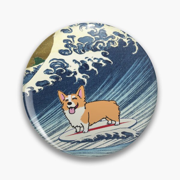 Vista previa del artículo con la obra «Perro corgi surfeando la gran ola», diseñado y vendido por ouchmypancreas.