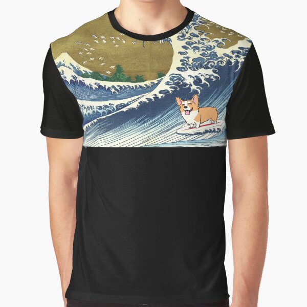 Vista previa del artículo con la obra «Perro corgi surfeando la gran ola», diseñado y vendido por ouchmypancreas.