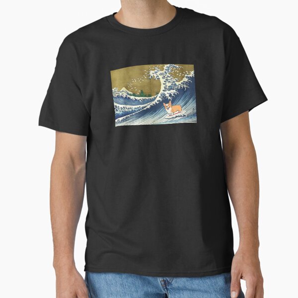 Vista previa del artículo con la obra «Perro corgi surfeando la gran ola», diseñado y vendido por ouchmypancreas.