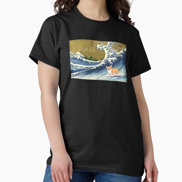 Vista previa del artículo con la obra «Perro corgi surfeando la gran ola», diseñado y vendido por ouchmypancreas.