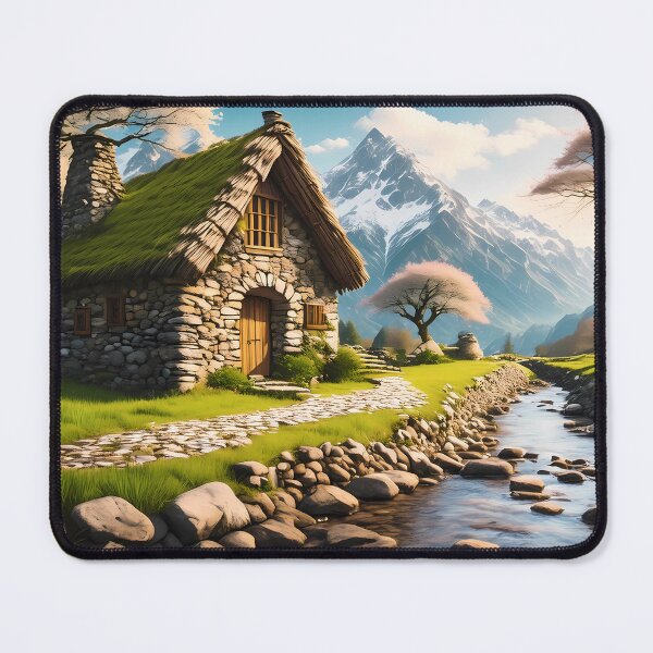 Item preview, Beautiful cozy fantasy stone cottage in a spring forest aside a cobblestone path and a babbling brook. Stone wall. Mountains in the distance. Magical tone and feel, hyper realistic. designed and sold by WhiteDoveArt.
