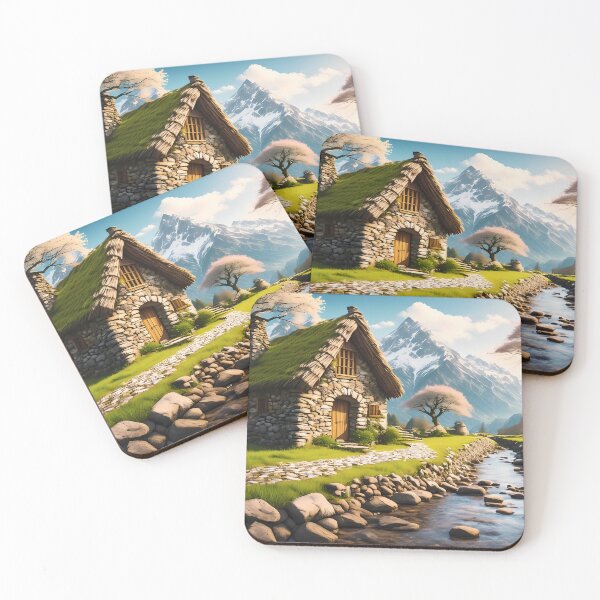 Item preview, Beautiful cozy fantasy stone cottage in a spring forest aside a cobblestone path and a babbling brook. Stone wall. Mountains in the distance. Magical tone and feel, hyper realistic. designed and sold by WhiteDoveArt.