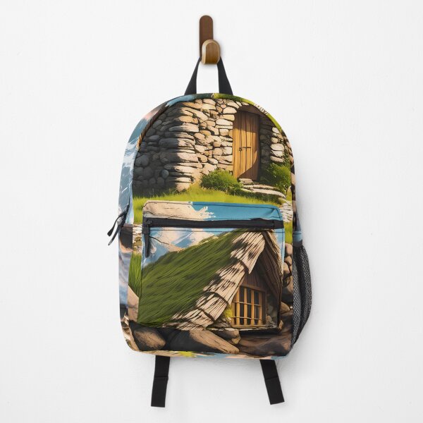 Item preview, Beautiful cozy fantasy stone cottage in a spring forest aside a cobblestone path and a babbling brook. Stone wall. Mountains in the distance. Magical tone and feel, hyper realistic. designed and sold by WhiteDoveArt.