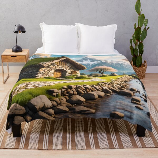 Item preview, Beautiful cozy fantasy stone cottage in a spring forest aside a cobblestone path and a babbling brook. Stone wall. Mountains in the distance. Magical tone and feel, hyper realistic. designed and sold by WhiteDoveArt.