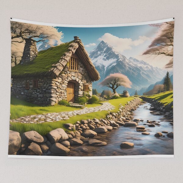 Item preview, Beautiful cozy fantasy stone cottage in a spring forest aside a cobblestone path and a babbling brook. Stone wall. Mountains in the distance. Magical tone and feel, hyper realistic. designed and sold by WhiteDoveArt.