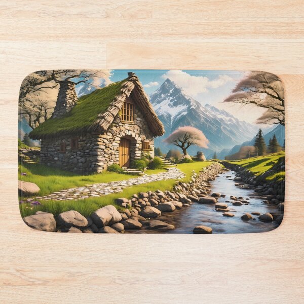Item preview, Beautiful cozy fantasy stone cottage in a spring forest aside a cobblestone path and a babbling brook. Stone wall. Mountains in the distance. Magical tone and feel, hyper realistic. designed and sold by WhiteDoveArt.