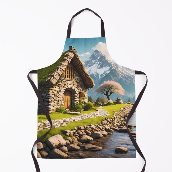 Item preview, Beautiful cozy fantasy stone cottage in a spring forest aside a cobblestone path and a babbling brook. Stone wall. Mountains in the distance. Magical tone and feel, hyper realistic. designed and sold by WhiteDoveArt.