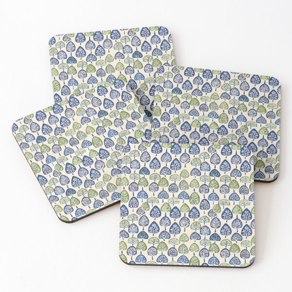 Item preview, Indian block print, blue and green trees on cream background designed and sold by SmarterThingz.