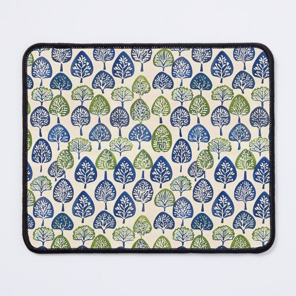 Item preview, Indian block print, blue and green trees on cream background designed and sold by SmarterThingz.