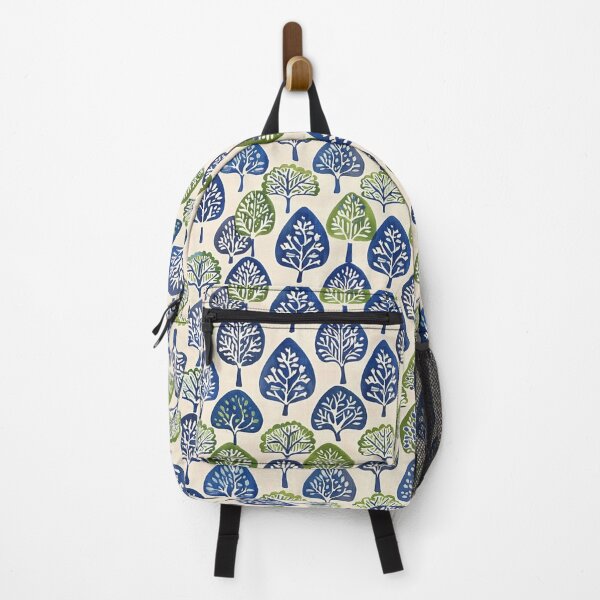 Item preview, Indian block print, blue and green trees on cream background designed and sold by SmarterThingz.