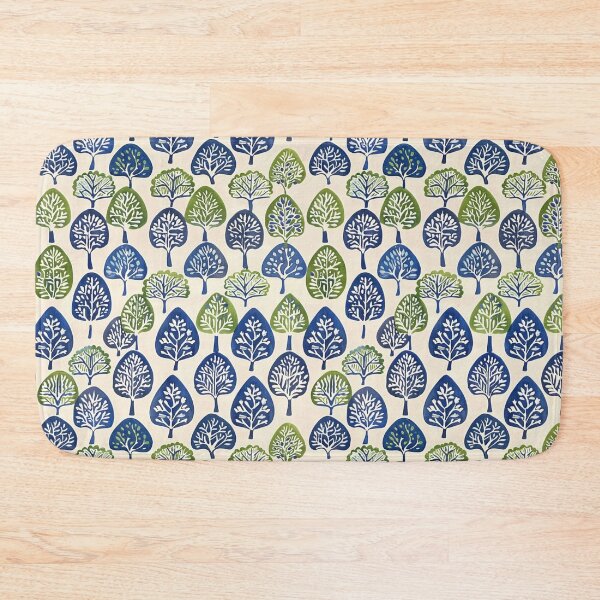 Item preview, Indian block print, blue and green trees on cream background designed and sold by SmarterThingz.