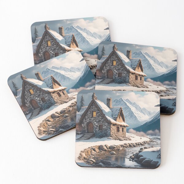 Item preview, Beautiful cozy fantasy stone cottage in a winter forest aside a cobblestone path and a babbling brook. Stone wall. Mountains in the distance. Magical snow and feel, hyper realistic. designed and sold by WhiteDoveArt.